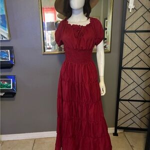 Red Tiered Smocked-Waist Maxi Dress